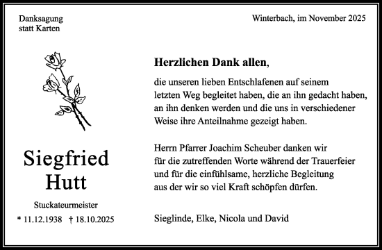 Traueranzeige von Siegfried Hutt von Waiblinger Kreiszeitung