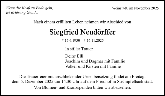 Traueranzeige von Siegfried Neudörffer von Waiblinger Kreiszeitung
