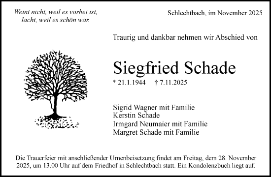 Traueranzeige von Siegfried Schade von Waiblinger Kreiszeitung