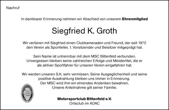 Traueranzeige von Siegfried K. Groth von Waiblinger Kreiszeitung