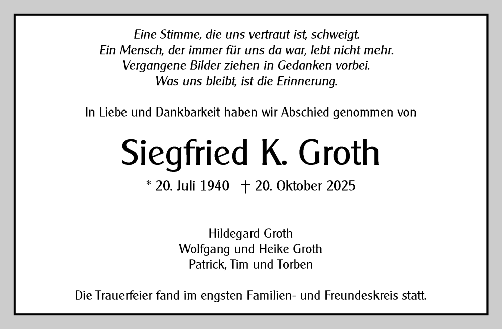  Traueranzeige für Siegfried K. Groth vom 10.11.2025 aus Waiblinger Kreiszeitung
