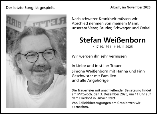 Traueranzeige von Stefan Weißenborn von Waiblinger Kreiszeitung