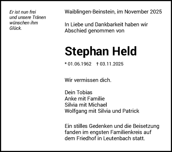 Traueranzeige von Stephan Held von Waiblinger Kreiszeitung