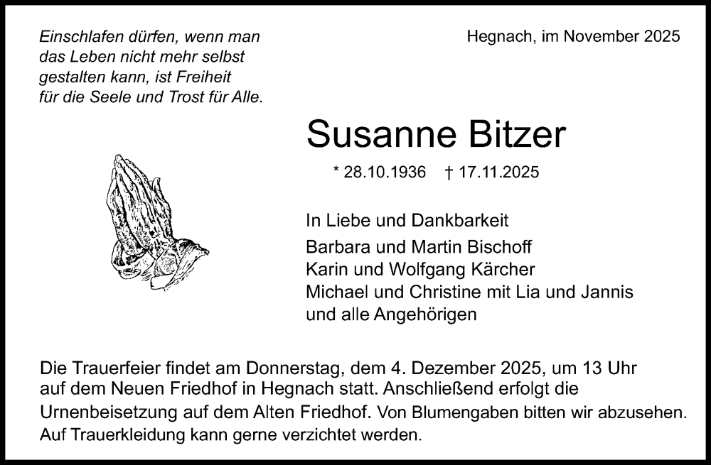  Traueranzeige für Susanne Bitzer vom 29.11.2025 aus Waiblinger Kreiszeitung