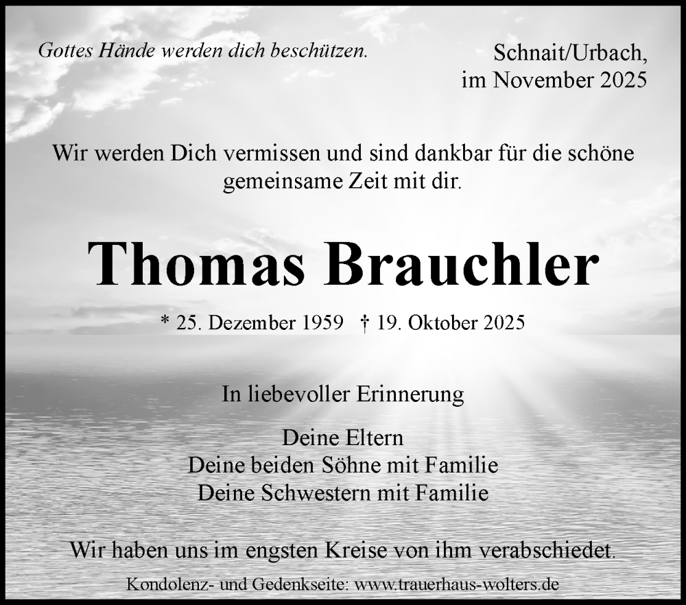  Traueranzeige für Thomas Brauchler vom 07.11.2025 aus Waiblinger Kreiszeitung