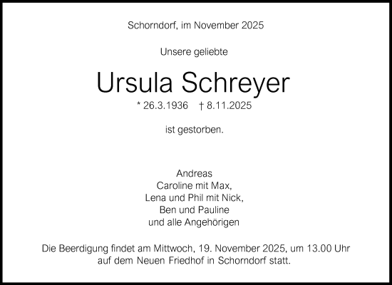 Traueranzeige von Ursula Schreyer von Waiblinger Kreiszeitung