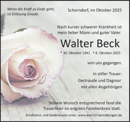 Traueranzeige von Walter Beck von Waiblinger Kreiszeitung