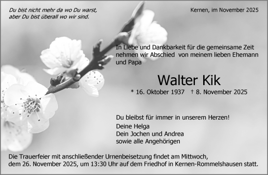 Traueranzeige von Walter Kik von Waiblinger Kreiszeitung
