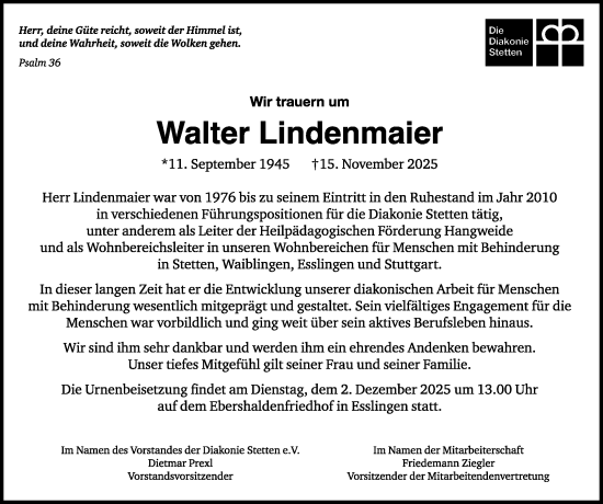 Traueranzeige von Walter Lindenmaier von Waiblinger Kreiszeitung