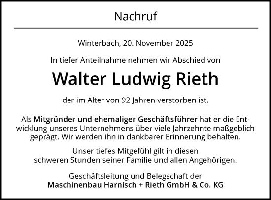 Traueranzeige von Walter Ludwig Rieth von Waiblinger Kreiszeitung