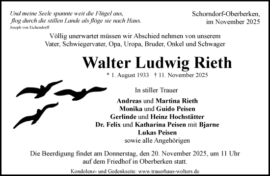 Traueranzeige von Walter Ludwig Rieth von Waiblinger Kreiszeitung