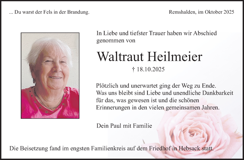  Traueranzeige für Waltraut Heilmeier vom 15.11.2025 aus Waiblinger Kreiszeitung