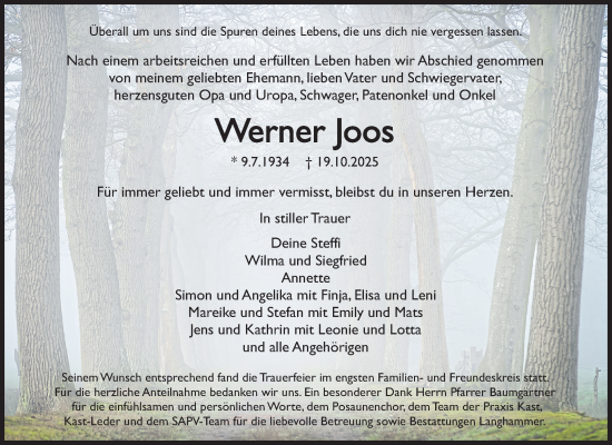 Traueranzeige von Werner Joos von Waiblinger Kreiszeitung