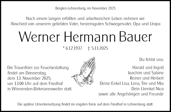 Traueranzeige von Werner Hermann Bauer von Waiblinger Kreiszeitung