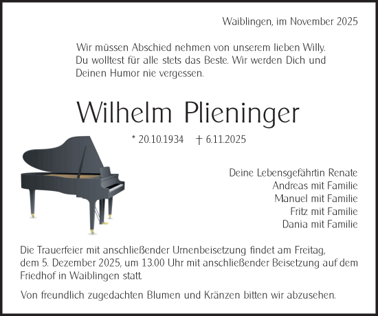 Traueranzeige von Wilhelm Plieninger von Waiblinger Kreiszeitung
