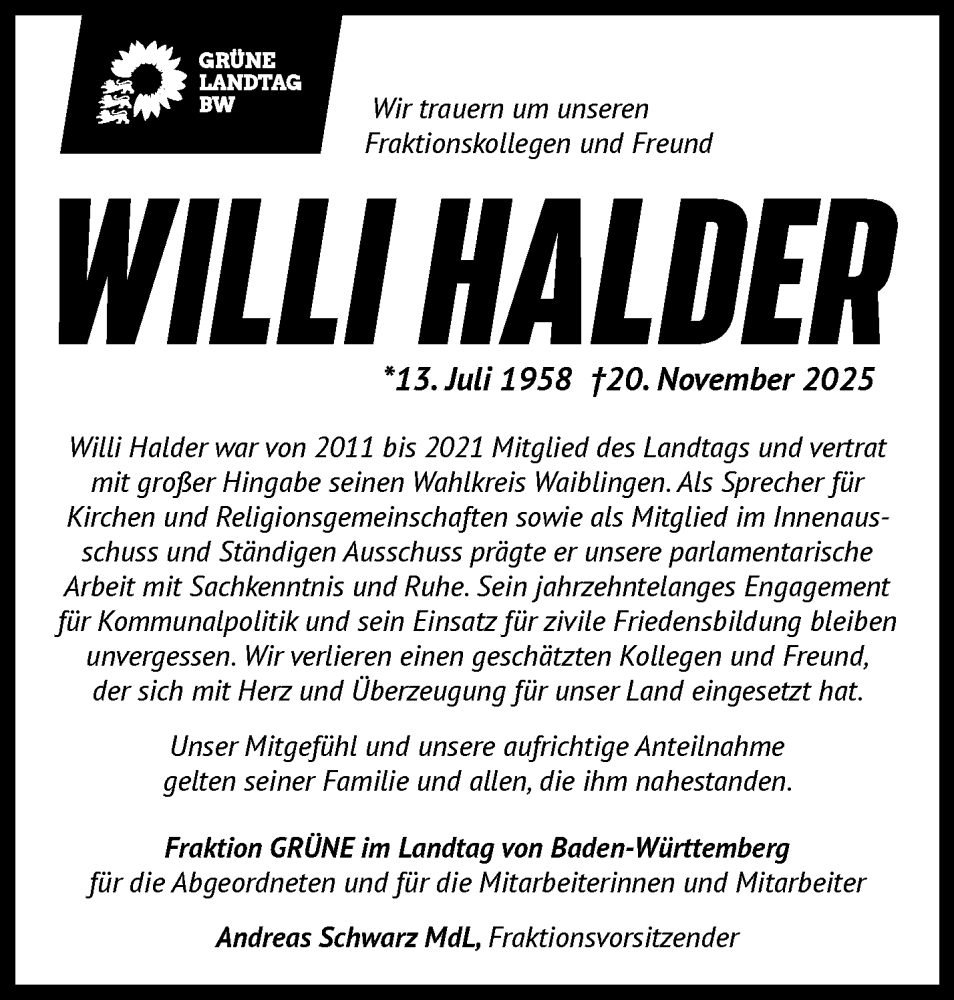  Traueranzeige für Willi Halder vom 27.11.2025 aus Waiblinger Kreiszeitung
