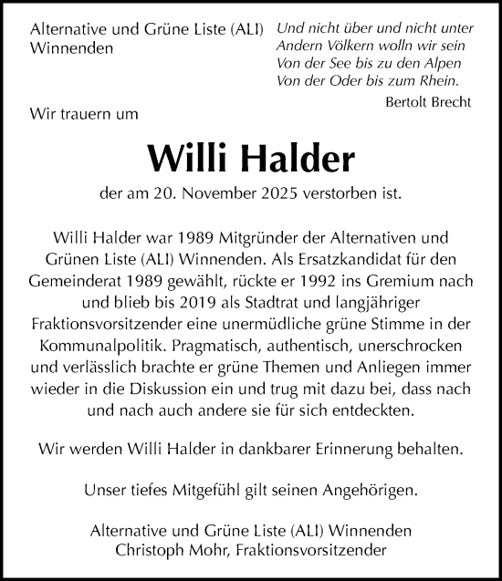 Traueranzeige von Willi Halder von Waiblinger Kreiszeitung