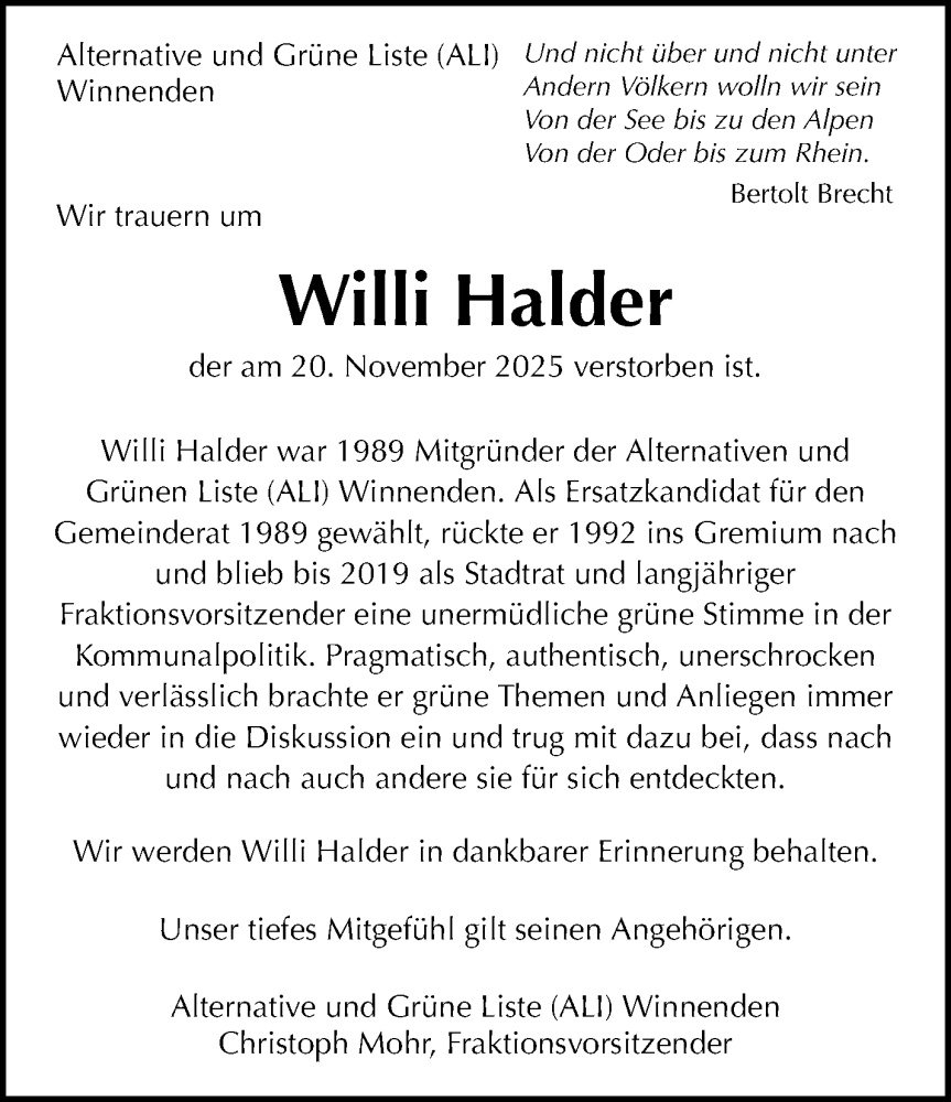  Traueranzeige für Willi Halder vom 27.11.2025 aus Waiblinger Kreiszeitung