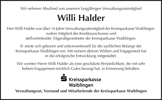 Traueranzeige von Willi Halder von Waiblinger Kreiszeitung