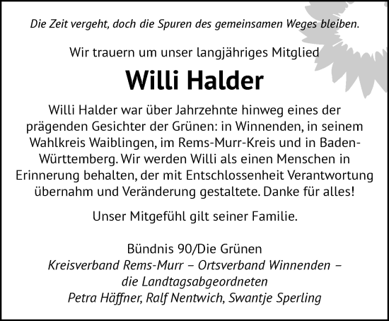 Traueranzeige von Willi Halder von Waiblinger Kreiszeitung