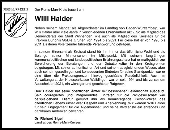 Traueranzeige von Willi Halder von Waiblinger Kreiszeitung