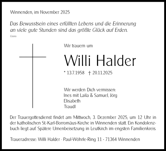 Traueranzeige von Willi Halder von Waiblinger Kreiszeitung