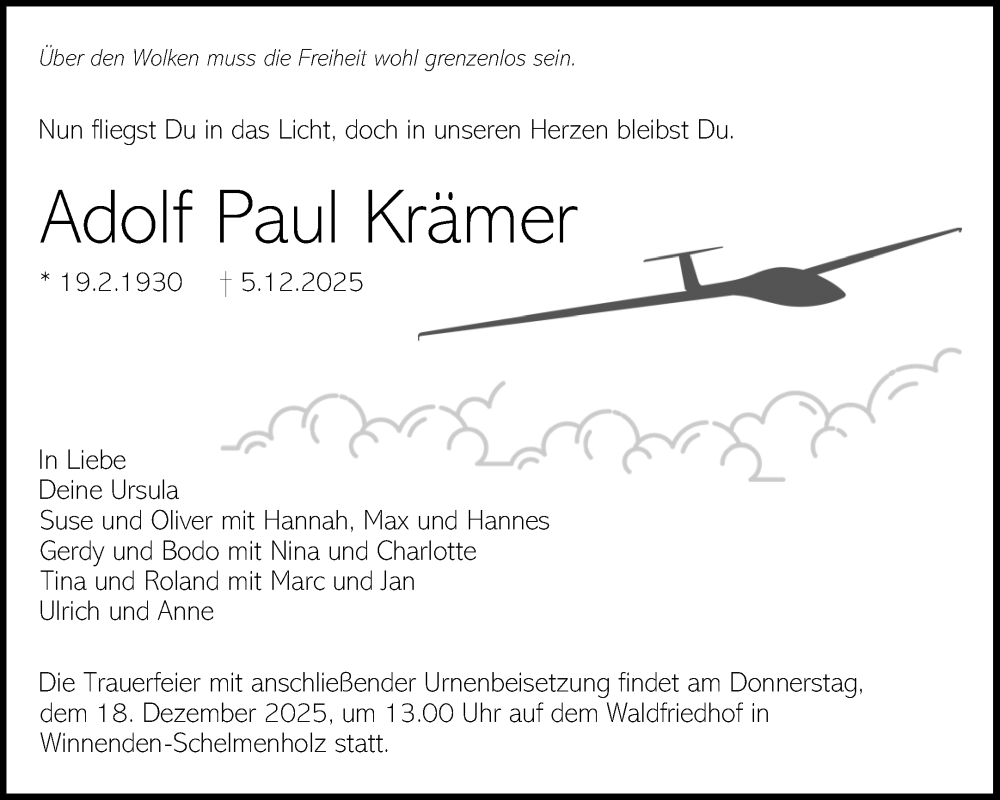  Traueranzeige für Adolf Paul Krämer vom 12.12.2025 aus Waiblinger Kreiszeitung