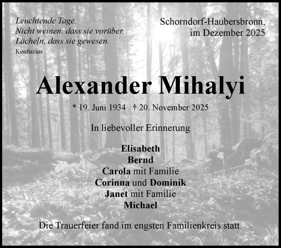Traueranzeige von Alexander Mihalyi von Waiblinger Kreiszeitung