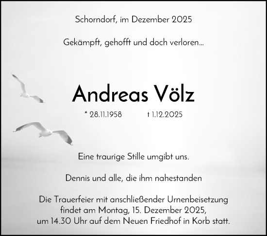Traueranzeige von Andreas Völz von Waiblinger Kreiszeitung