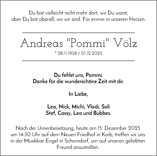 Traueranzeige von Andreas Völz von Waiblinger Kreiszeitung