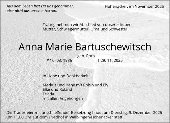 Traueranzeige von Anna Marie Bartuschewitsch von Waiblinger Kreiszeitung