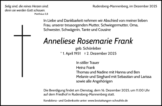 Traueranzeige von Anneliese Rosemarie Frank von Waiblinger Kreiszeitung