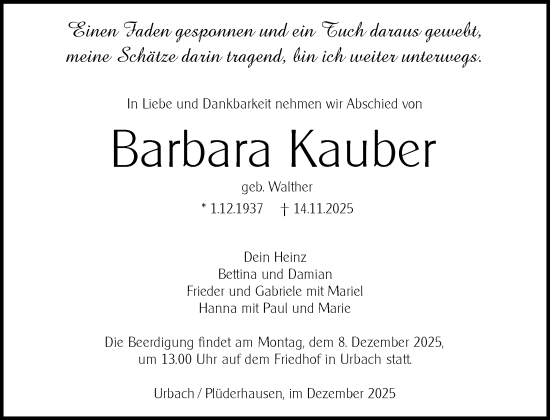 Traueranzeige von Barbara Kauber von Waiblinger Kreiszeitung