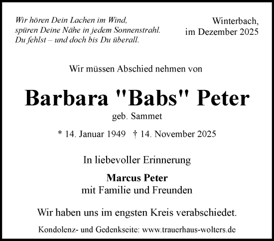Traueranzeige von Barbara Peter von Waiblinger Kreiszeitung