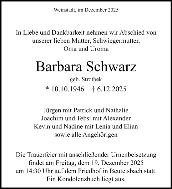 Traueranzeige von Barbara Schwarz von Waiblinger Kreiszeitung