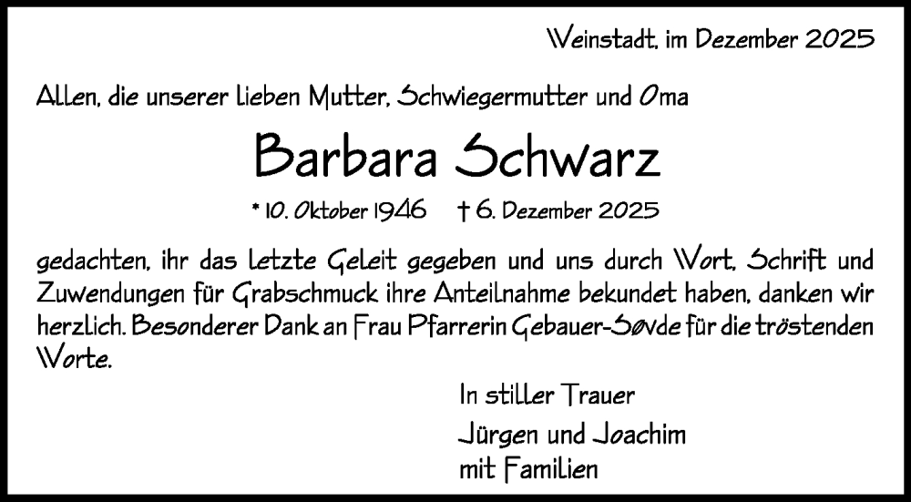  Traueranzeige für Barbara Schwarz vom 27.12.2025 aus Waiblinger Kreiszeitung