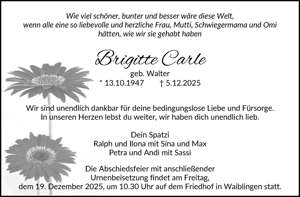  Traueranzeige für Brigitte Carle vom 12.12.2025 aus Waiblinger Kreiszeitung