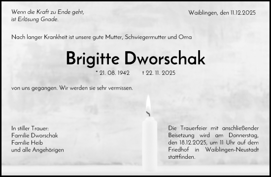 Traueranzeige von Brigitte Dworschak von Waiblinger Kreiszeitung