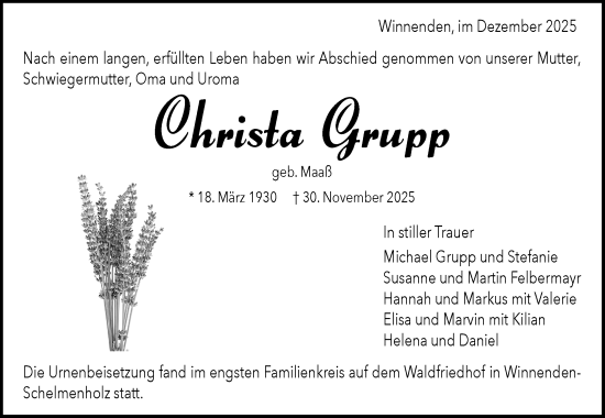 Traueranzeige von Christa Grupp von Waiblinger Kreiszeitung