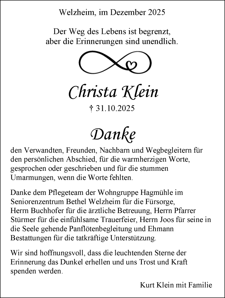  Traueranzeige für Christa Klein vom 15.12.2025 aus Waiblinger Kreiszeitung