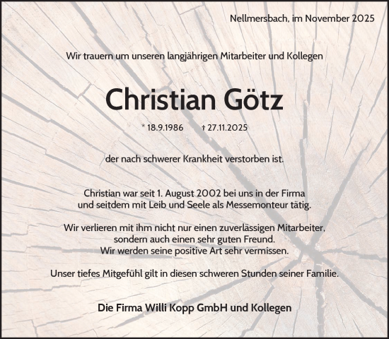 Traueranzeige von Christian Götz von Waiblinger Kreiszeitung