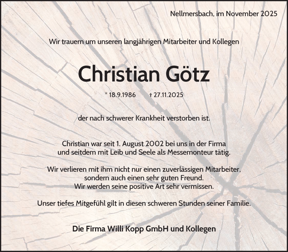  Traueranzeige für Christian Götz vom 06.12.2025 aus Waiblinger Kreiszeitung