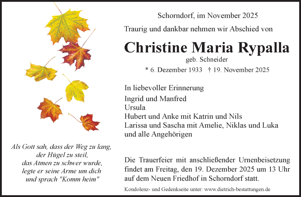  Traueranzeige für Christine Maria Rypalla vom 13.12.2025 aus Waiblinger Kreiszeitung