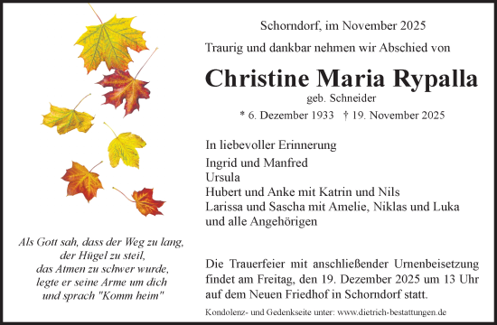 Traueranzeige von Christine Maria Rypalla von Waiblinger Kreiszeitung