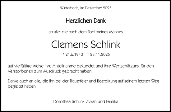 Traueranzeige von Clemens Schlink von Waiblinger Kreiszeitung