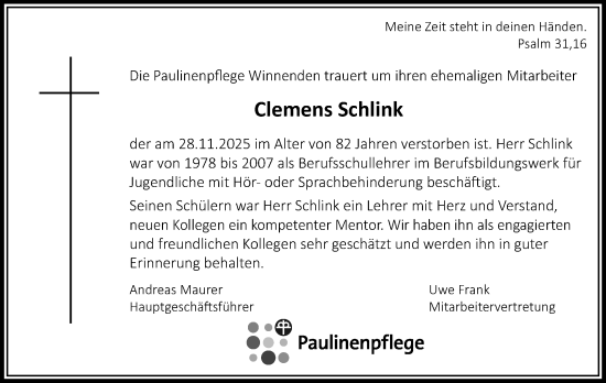 Traueranzeige von Clemens Schlink von Waiblinger Kreiszeitung