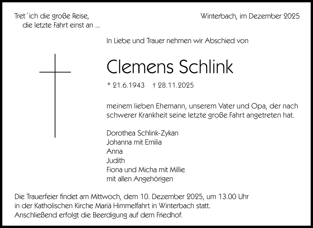  Traueranzeige für Clemens Schlink vom 04.12.2025 aus Waiblinger Kreiszeitung