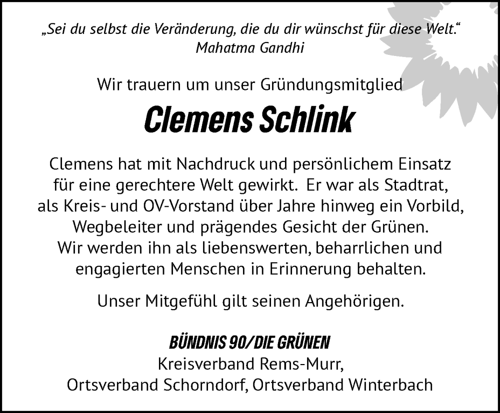  Traueranzeige für Clemens Schlink vom 06.12.2025 aus Waiblinger Kreiszeitung