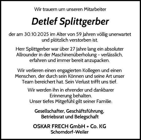 Traueranzeige von Detlef Splittgerber von Waiblinger Kreiszeitung