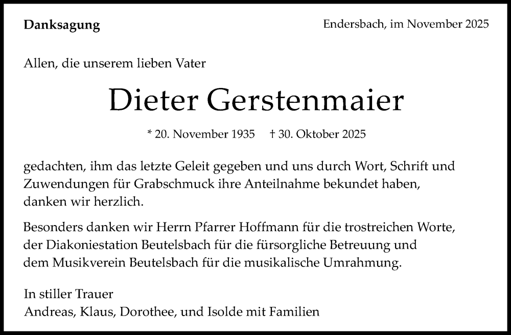  Traueranzeige für Dieter Gerstenmaier vom 03.12.2025 aus Waiblinger Kreiszeitung